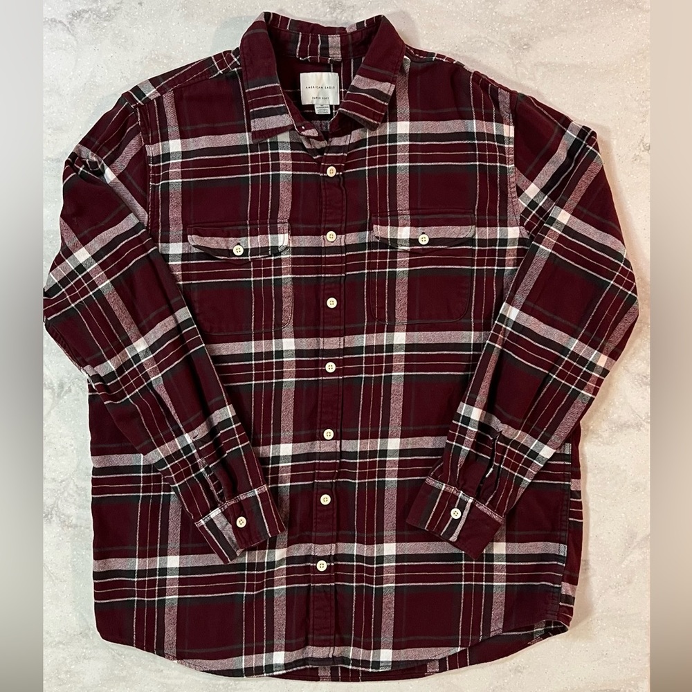 EUC AE Super Soft Maroon Plaid Flannel Button Down XLT